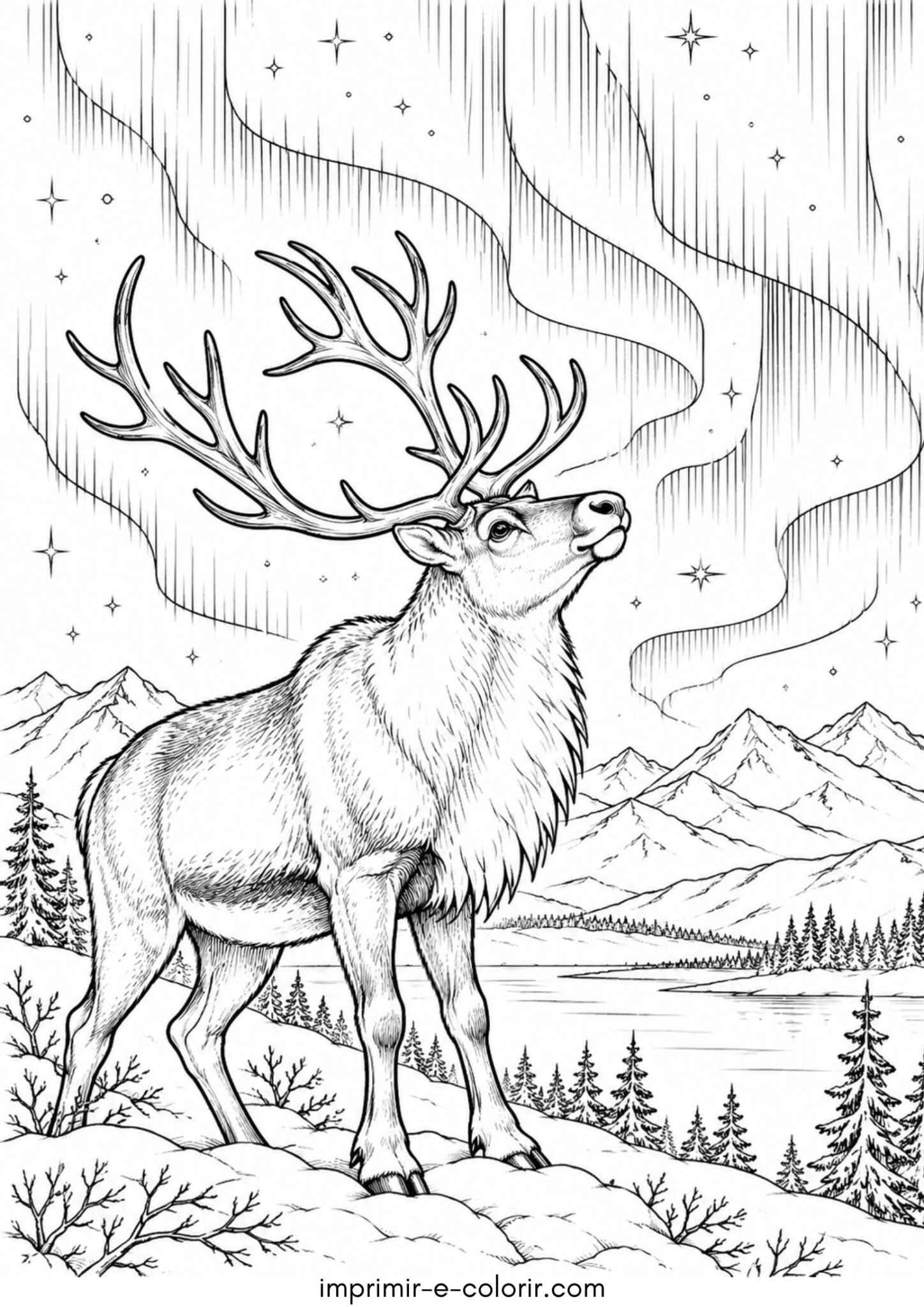 Desenho de Rena e a aurora boreal