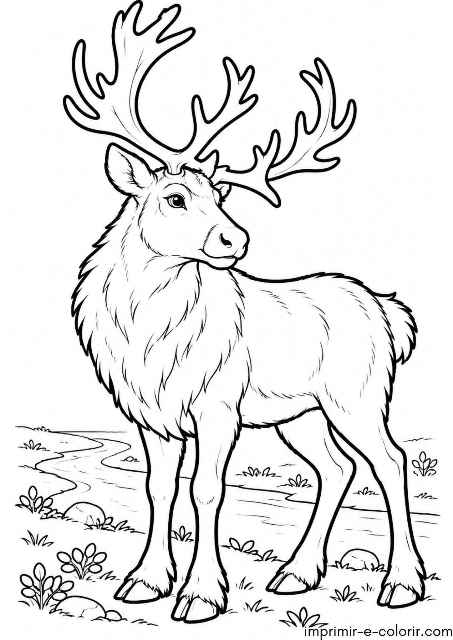 Desenho de Rena na tundra perto do rio