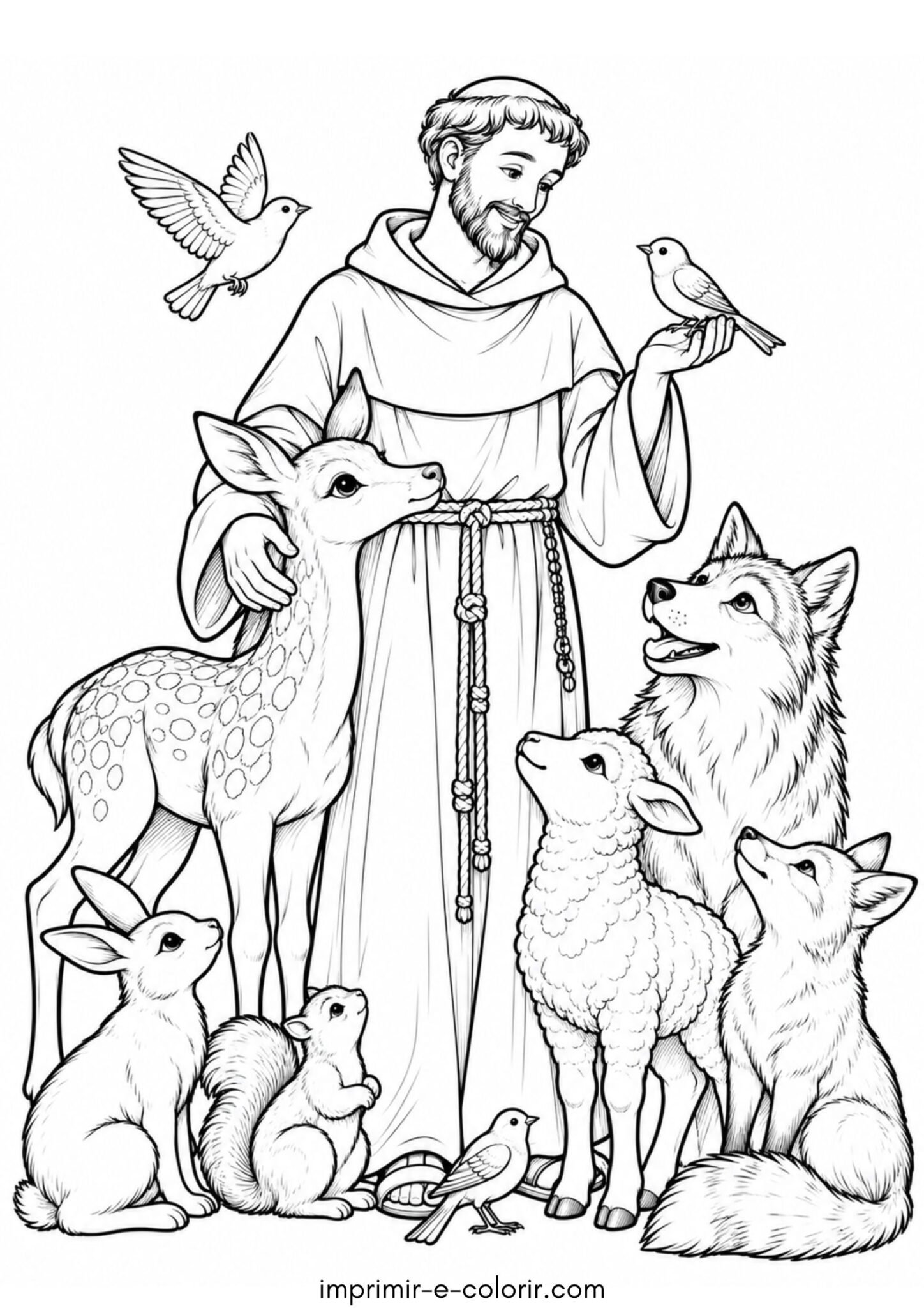 Desenho de Dia dos Animais – São Francisco de Assis rodeado de animais e passarinhos
