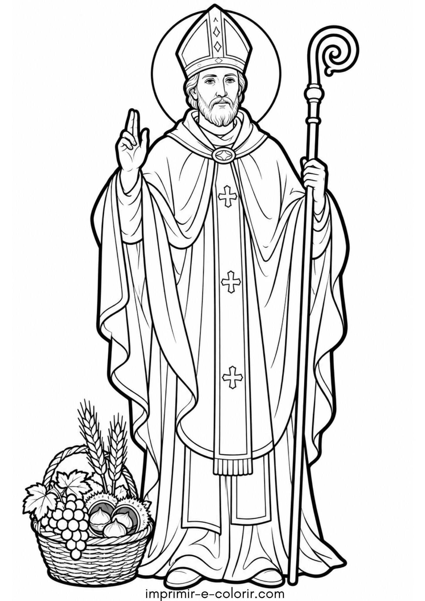 Desenho de São Martinho como bispo com mitra e báculo abençoando a colheita