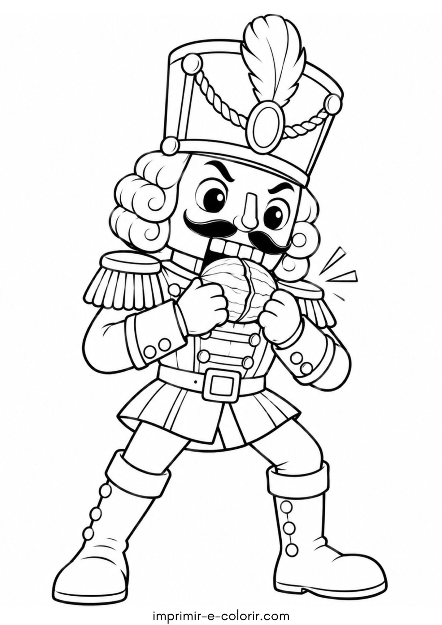 Desenho de Soldadinho Quebra-Nozes quebrando uma noz com a boca de madeira