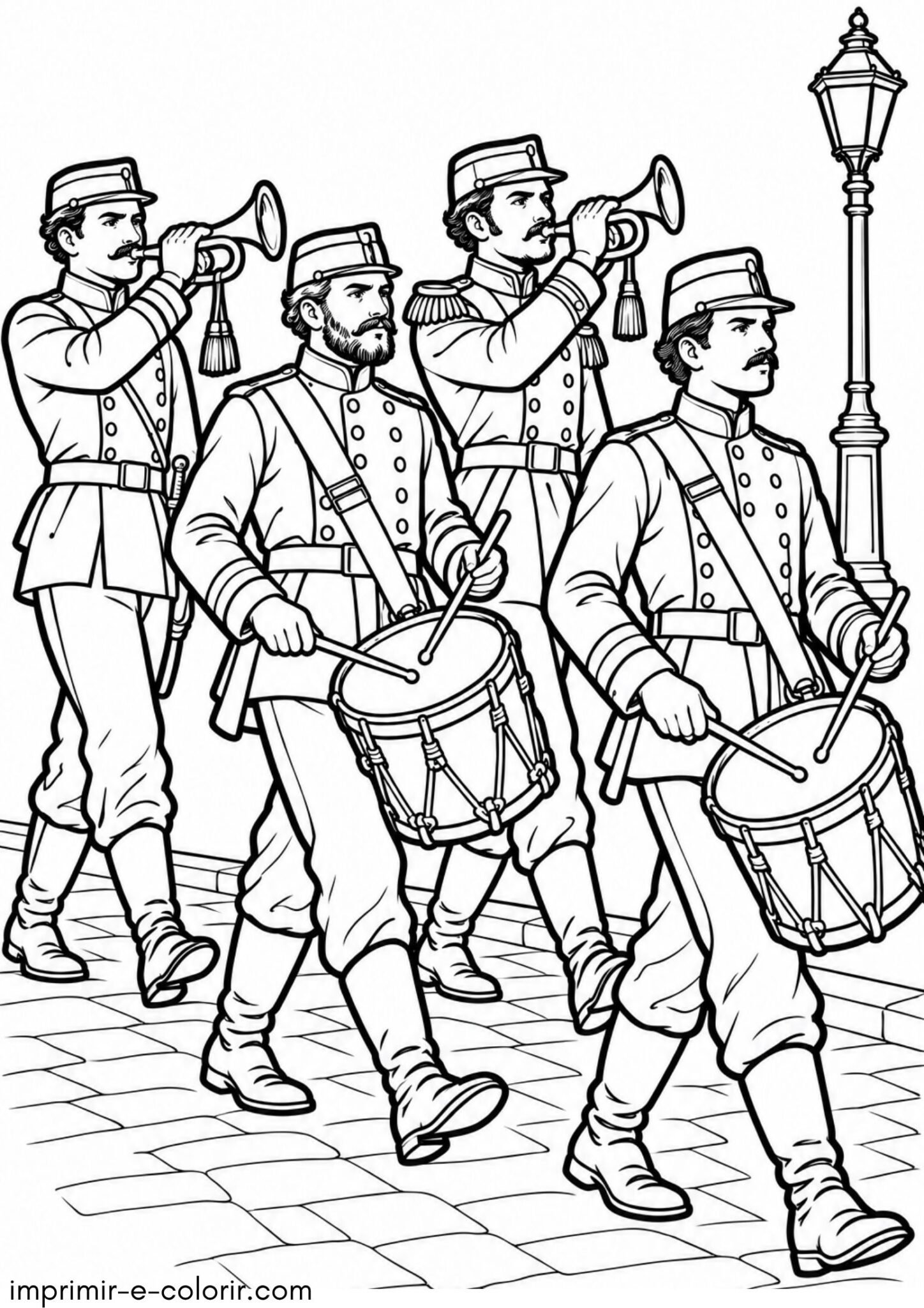 Desenho de Soldados com tambores e cornetas marchando na Praça da Aclamação para colorir e imprimir Desenho de Soldados com tambores e cornetas marchando na Praça da Aclamação para colorir e imprimir
