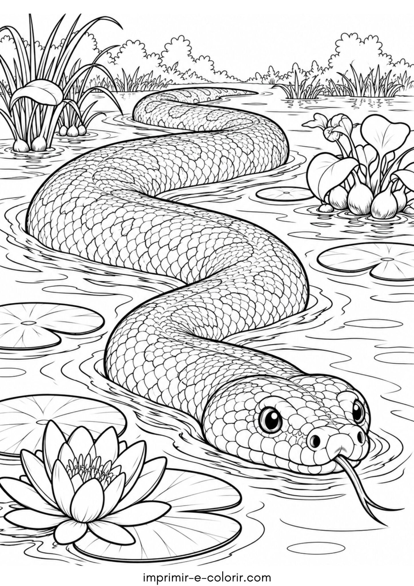 Desenho de Sucuri nadando nas águas do Pantanal para colorir e imprimir