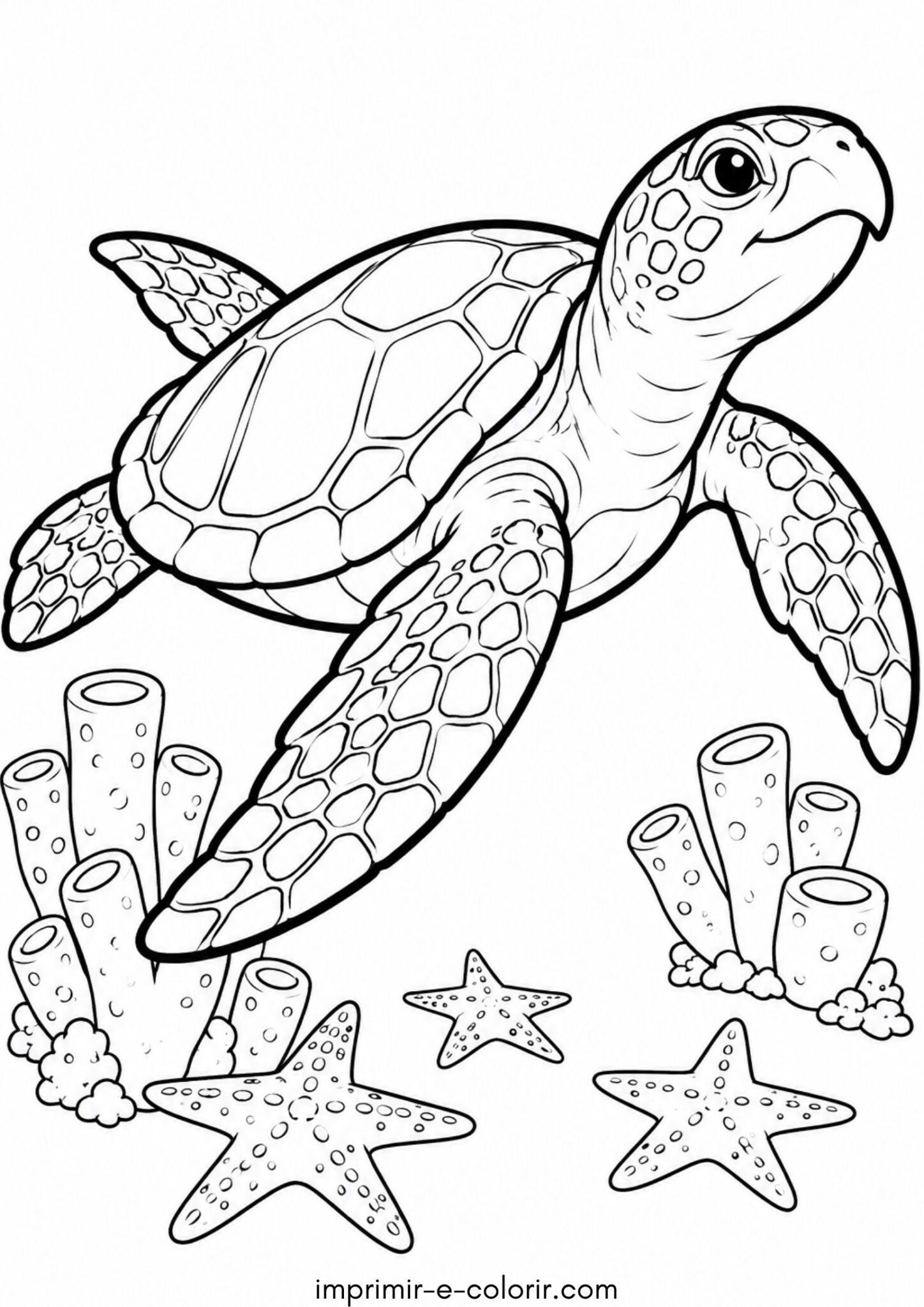 Desenho de Tartaruga-de-pente nadando entre esponjas e estrelas-do-mar para colorir e imprimir