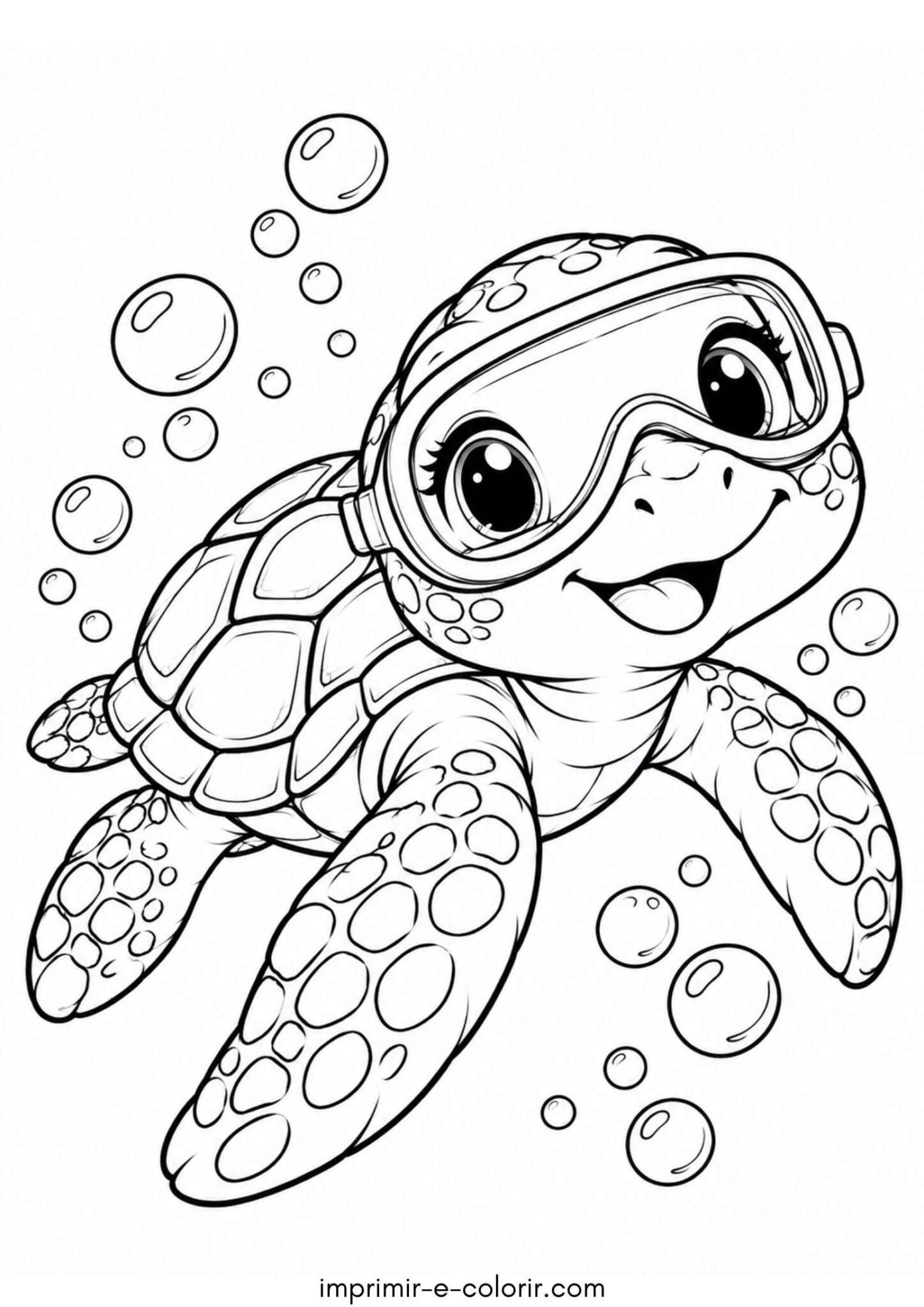Desenho de Tartaruga marinha bebê estilo kawaii usando óculos de mergulho para colorir e imprimir