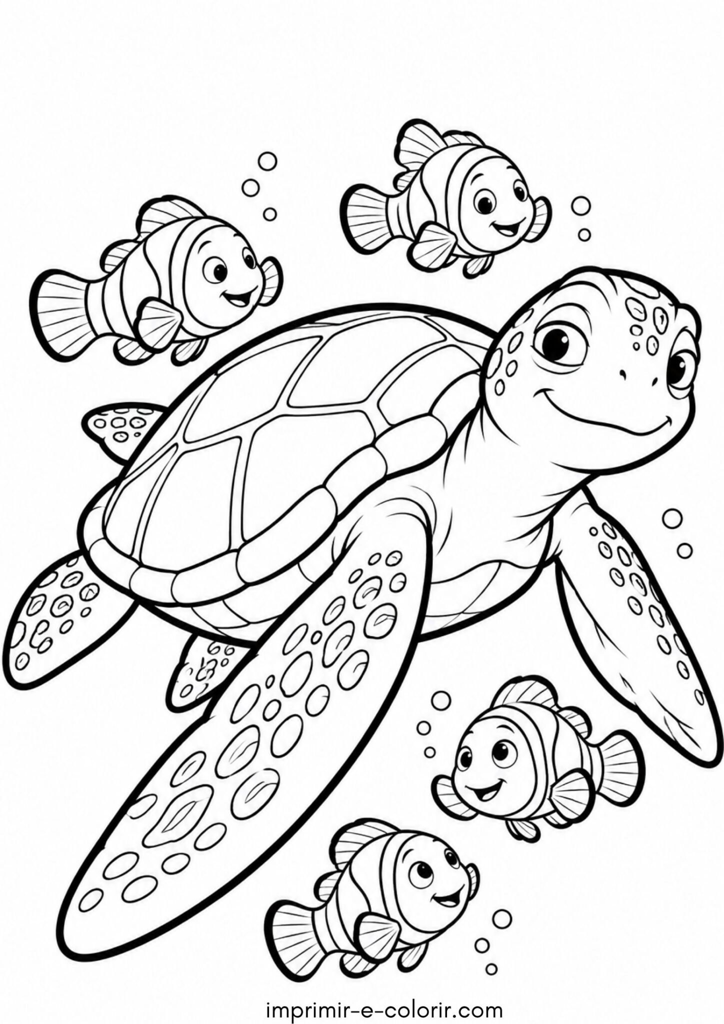 Desenho de Tartaruga marinha e peixes-palhaço para colorir e imprimir