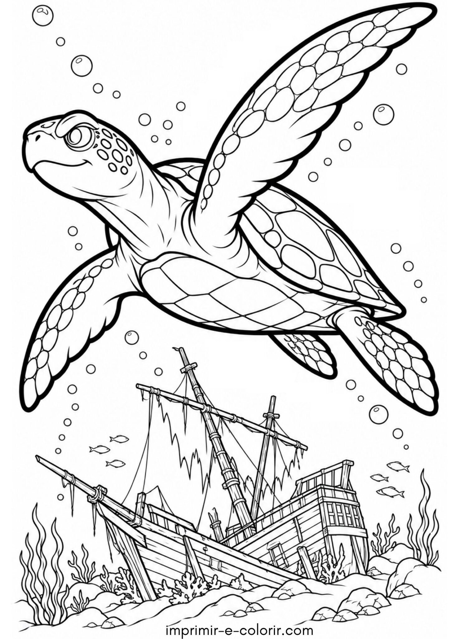 Desenho de Tartaruga marinha sobre o navio pirata naufragado