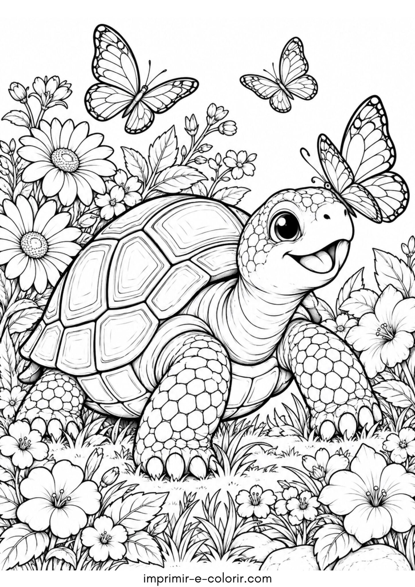 Desenho de Tartaruga terrestre no jardim entre flores e borboletas para colorir e imprimir