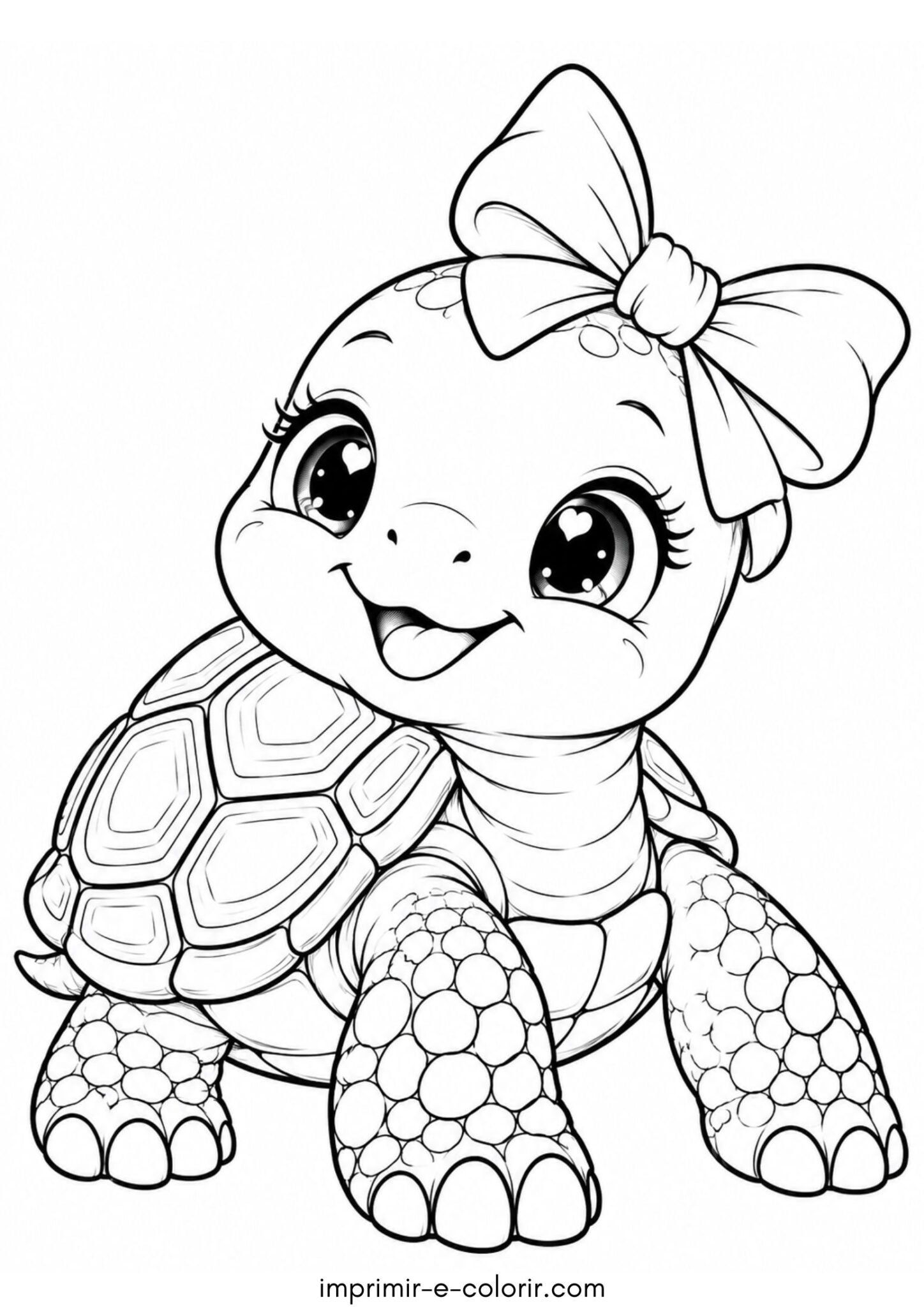 Desenho de Tartaruguinha kawaii com laço na cabeça para colorir e imprimir