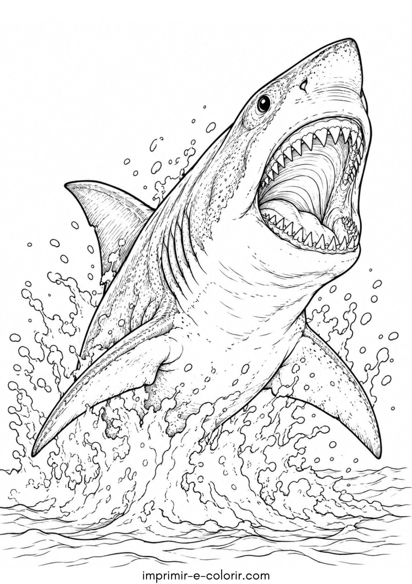 Desenho de Tubarão-branco saltando fora da água para caçar em alto-mar