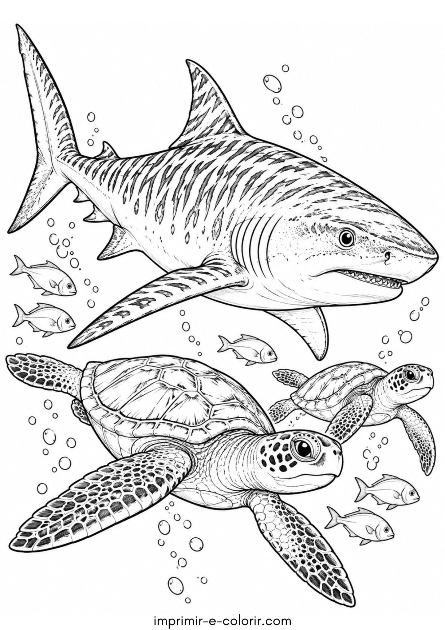 Desenho de Tubarão-tigre com listras marcantes nadando perto de tartarugas marinhas