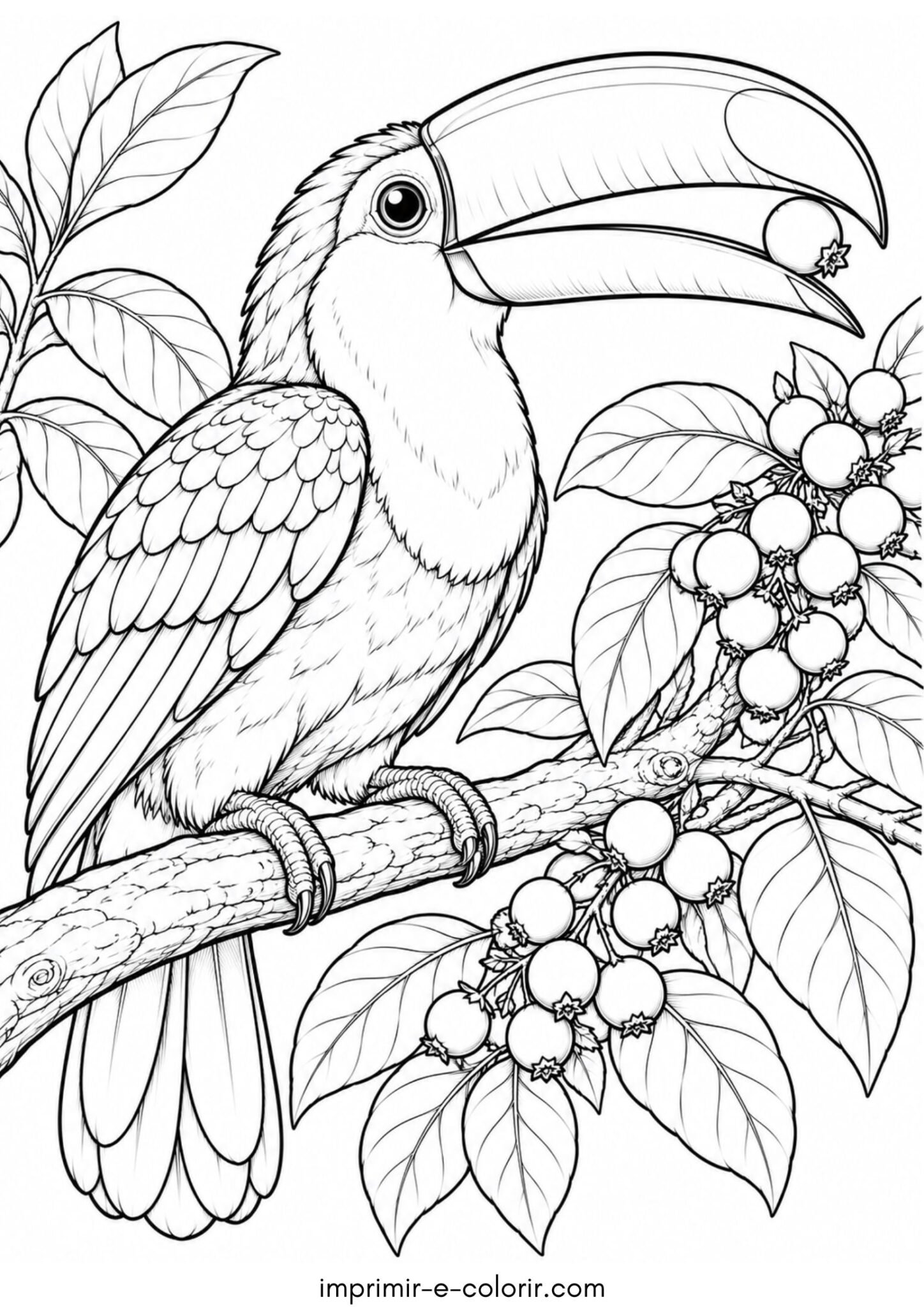 Desenho de Pássaro – Tucano comendo frutinhas no galho com bico grande