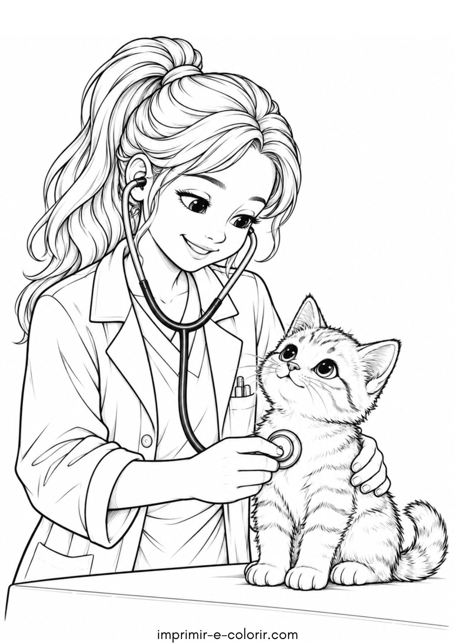 Desenho de Dia dos Animais – Veterinário cuidando de um gatinho na clínica