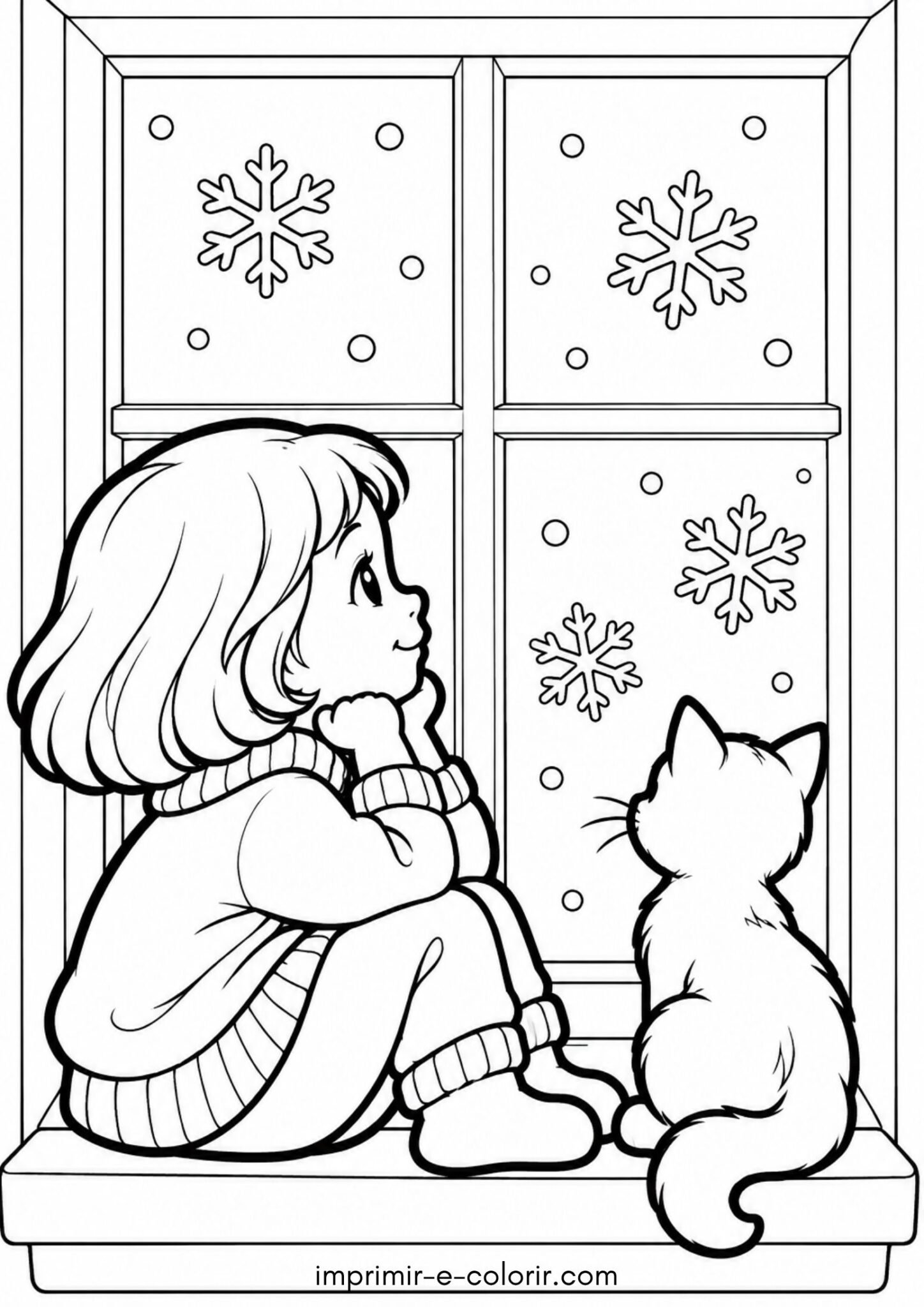 Desenho de Inverno na janela: criança olhando a neve cair com gato