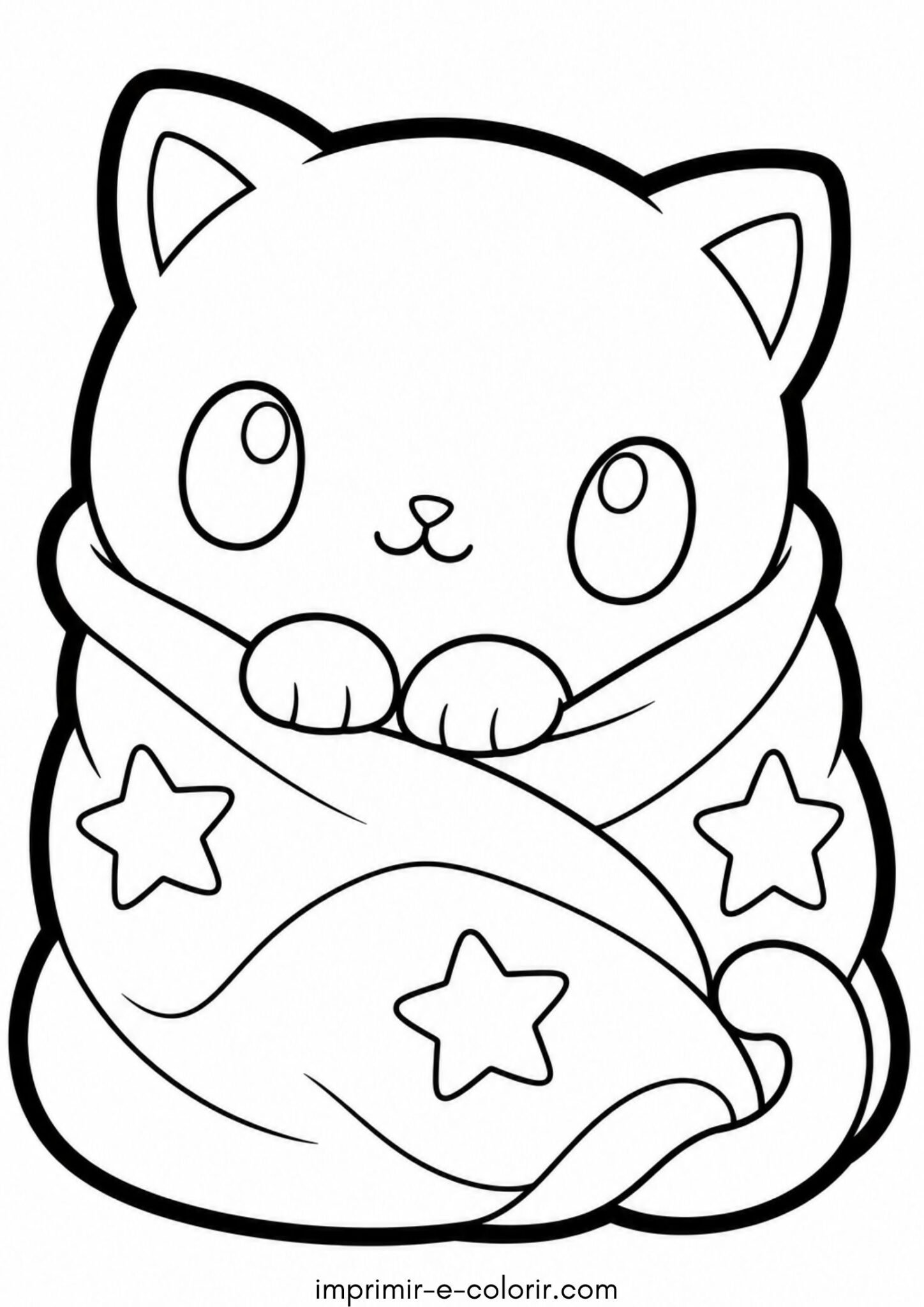 Desenho de Inverno kawaii: gatinho enrolado em cobertor quentinho para colorir e imprimir