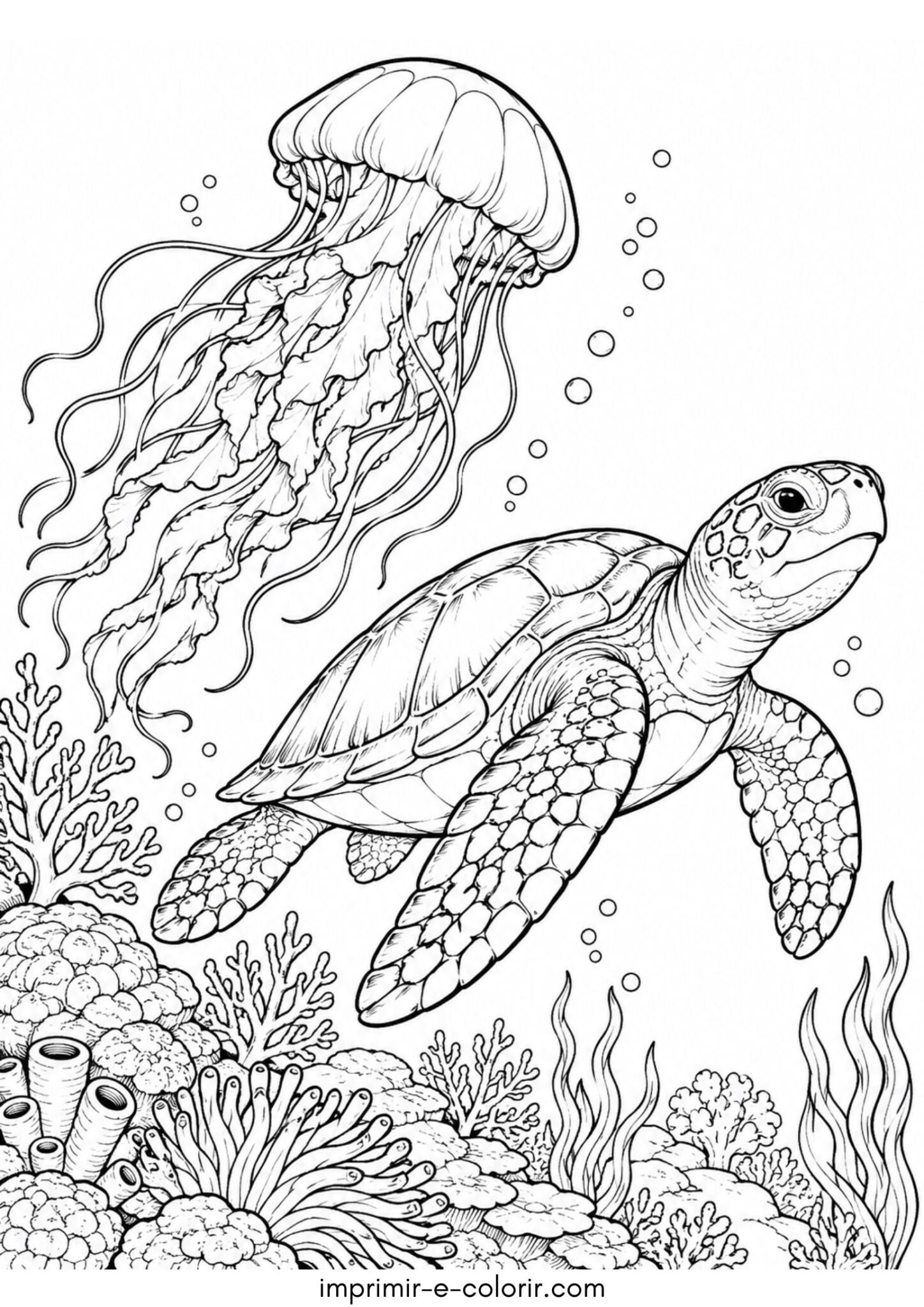 Desenho de Água-viva e tartaruga marinha nadando juntas perto do recife de corais para colorir e imprimir