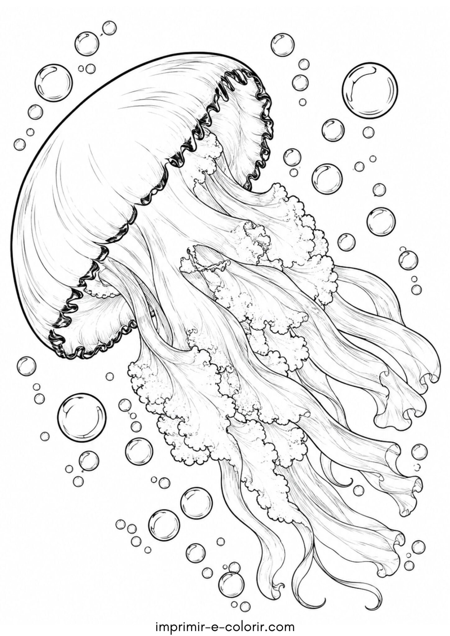 Desenho de Água-viva no mar entre bolhas de ar