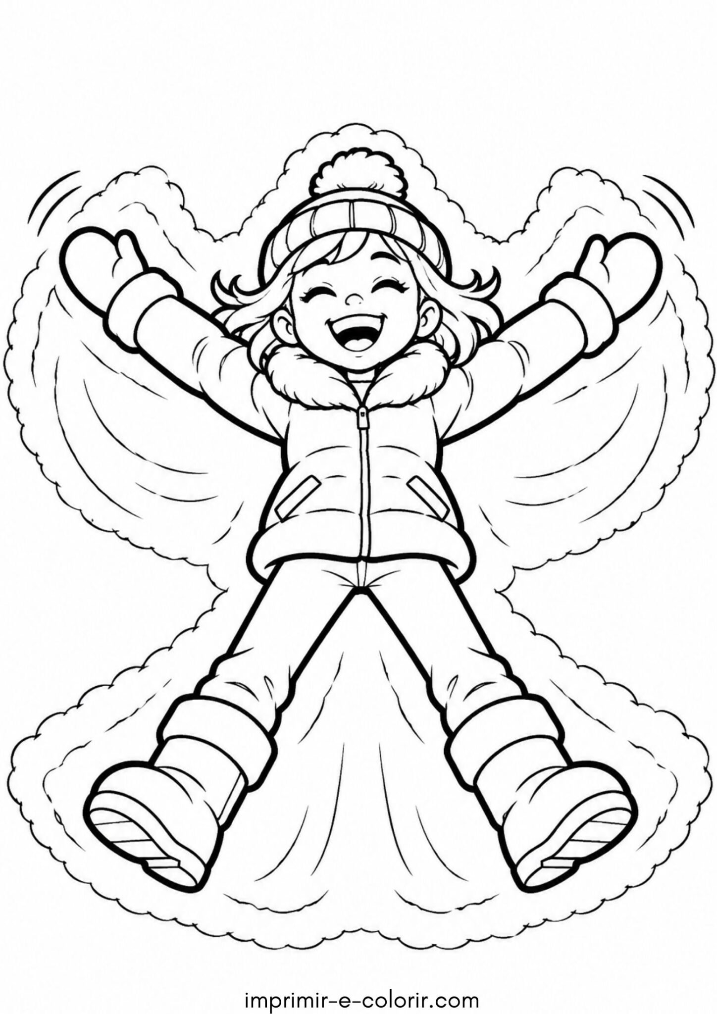 Desenho de Inverno divertido: menina fazendo anjo na neve