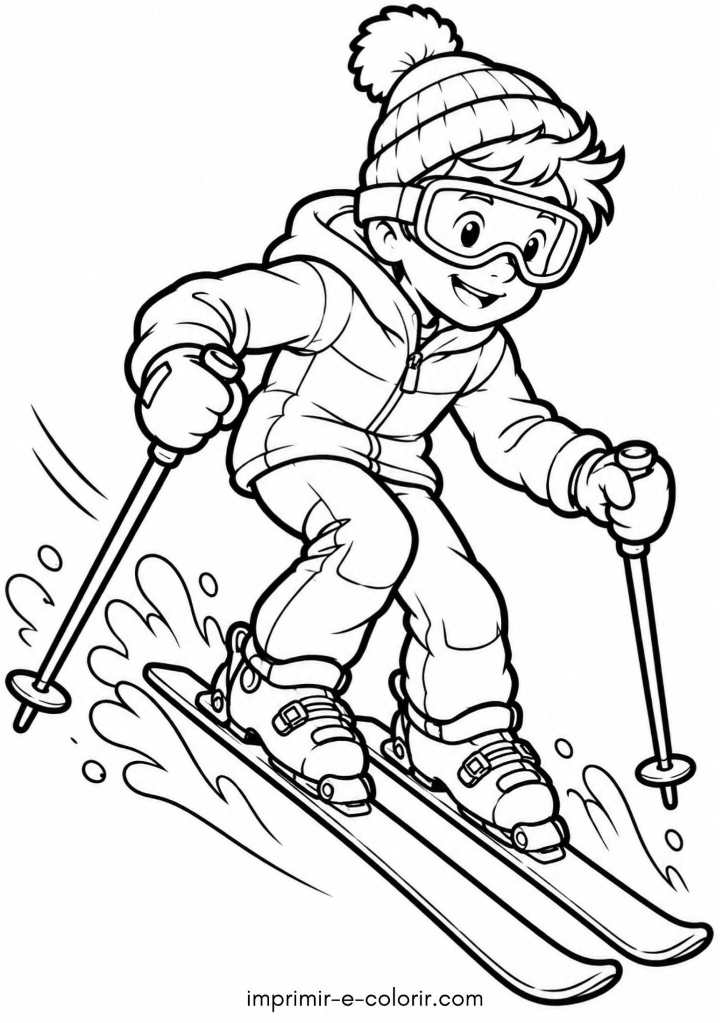 Desenho de Inverno esportivo: menino esquiando na neve com óculos