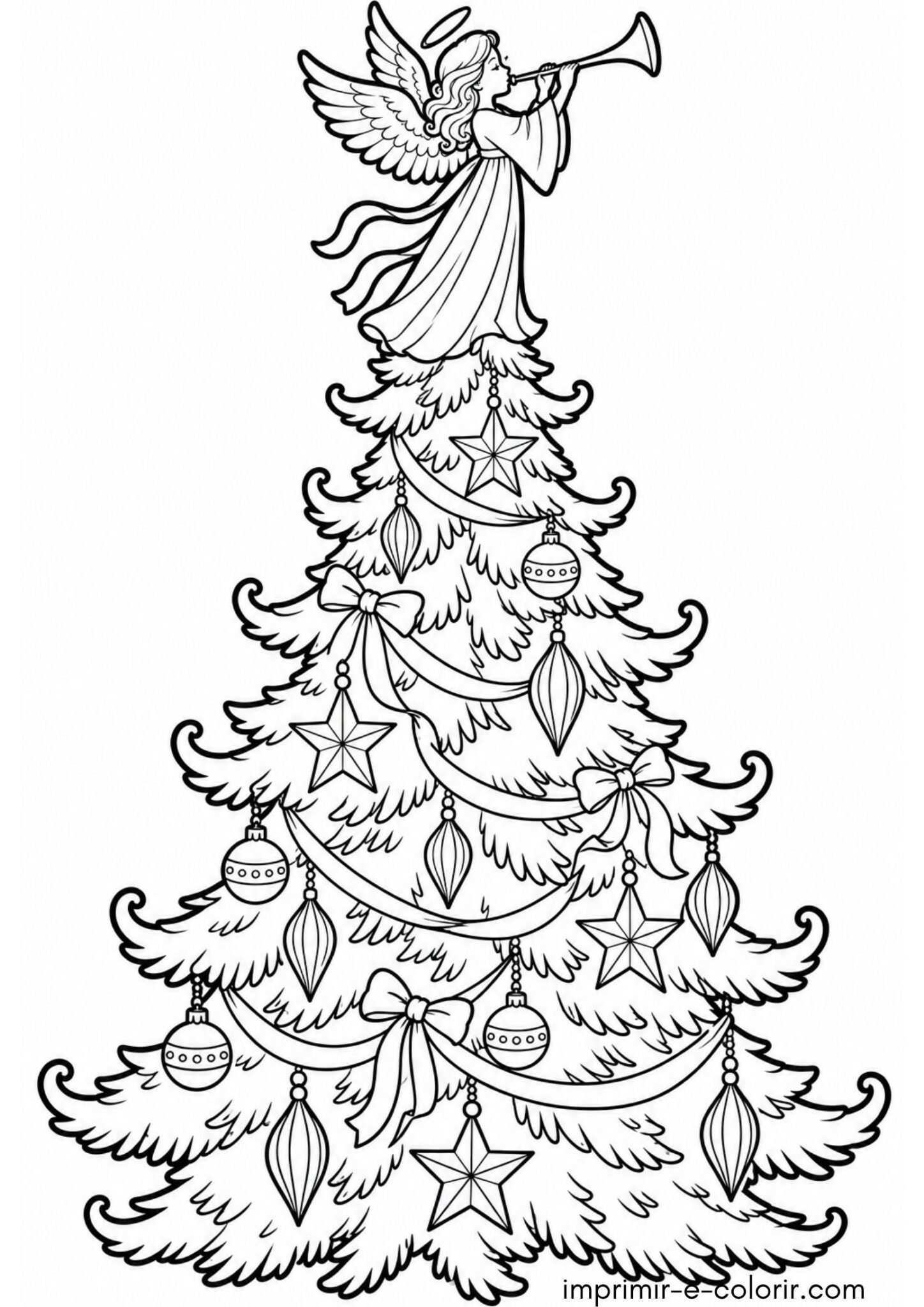 Desenho de Árvore de Natal com anjinho tocando trombeta no topo