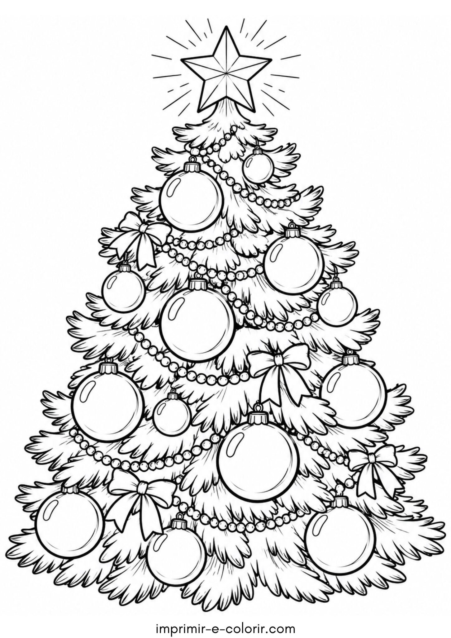 Desenho de Árvore de Natal decorada com bolas grandes e estrela brilhante