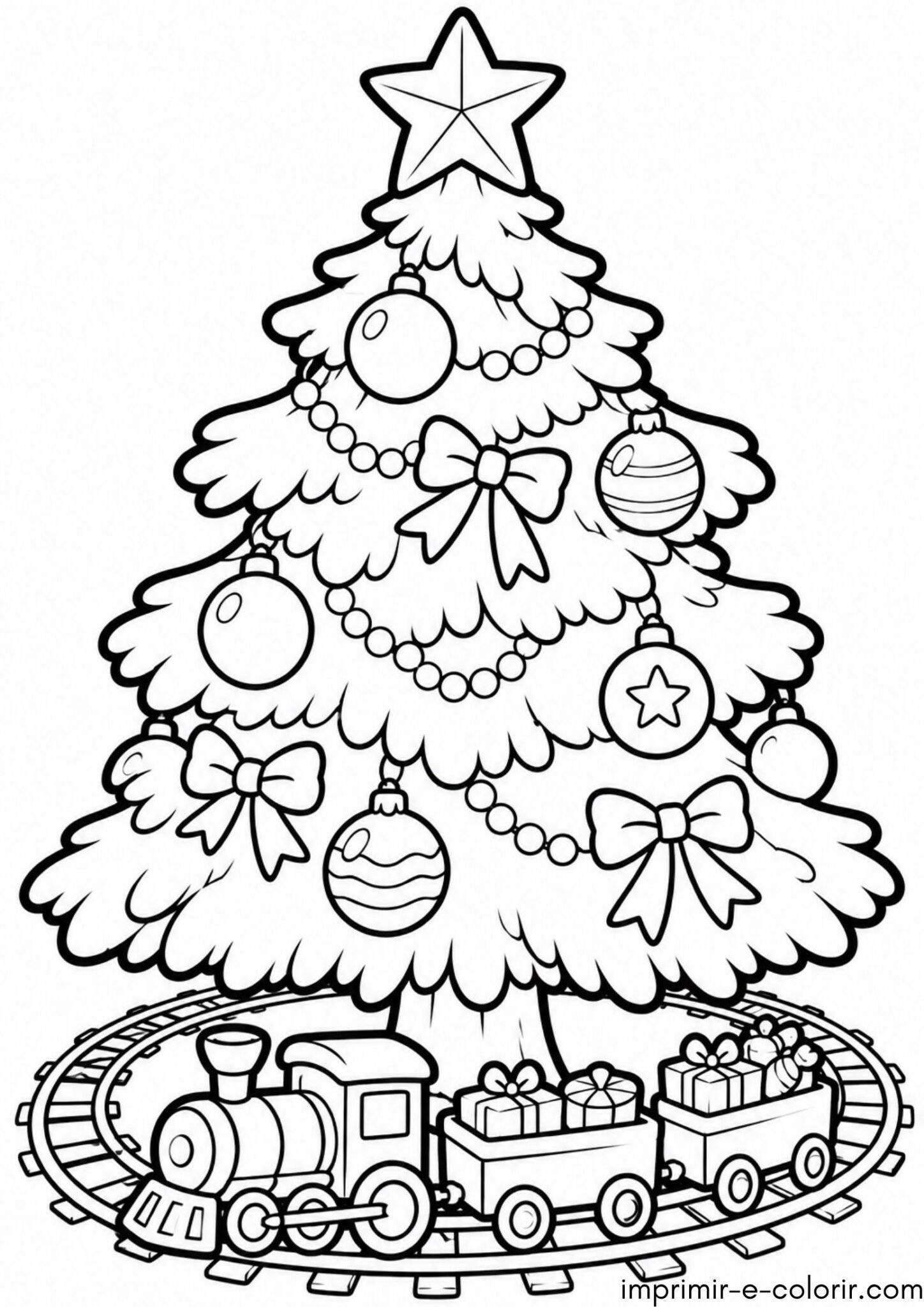 Desenho de Árvore de Natal e trenzinho de brinquedo nos trilhos