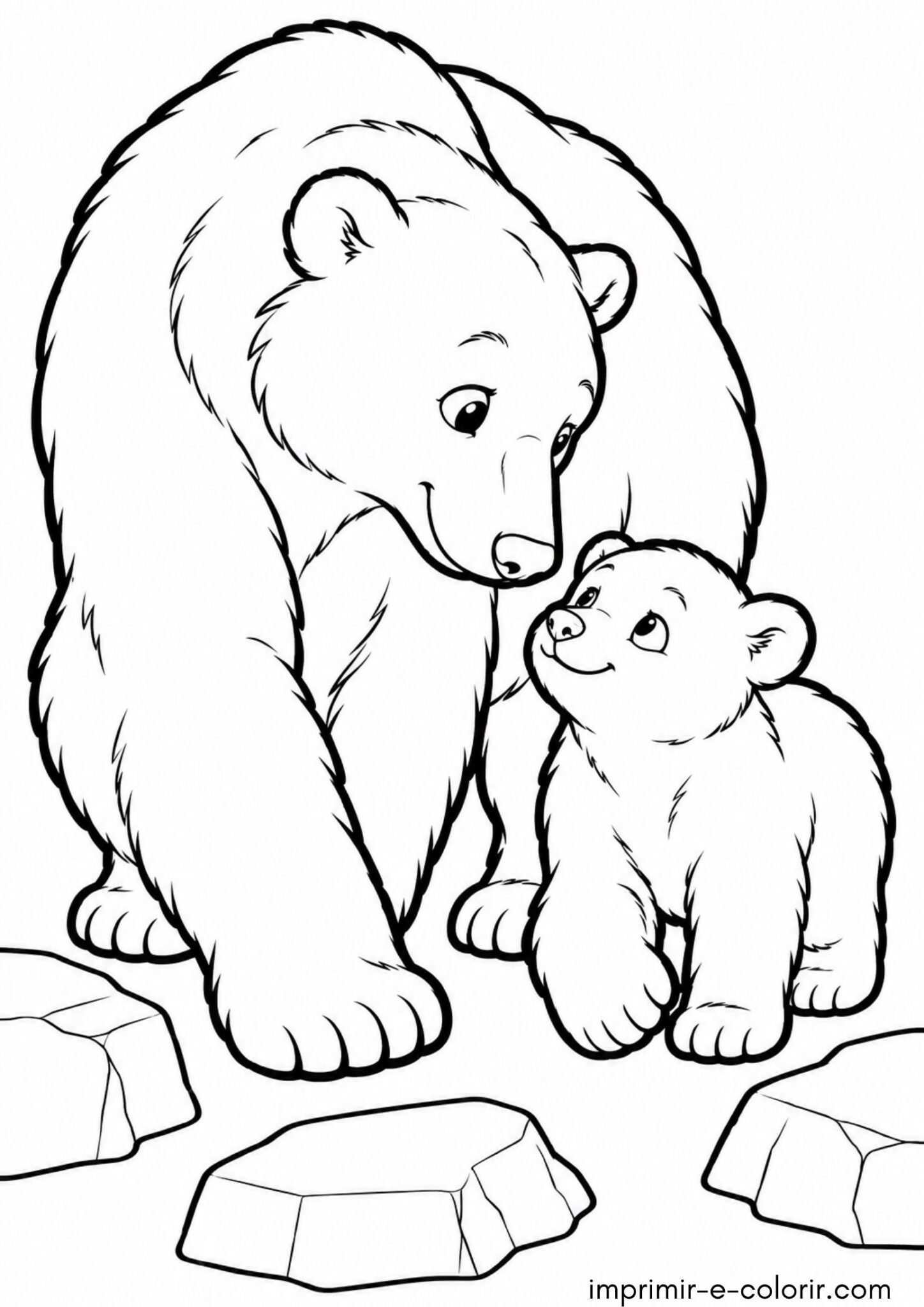 Desenho de Inverno: urso polar com filhote entre blocos de gelo
